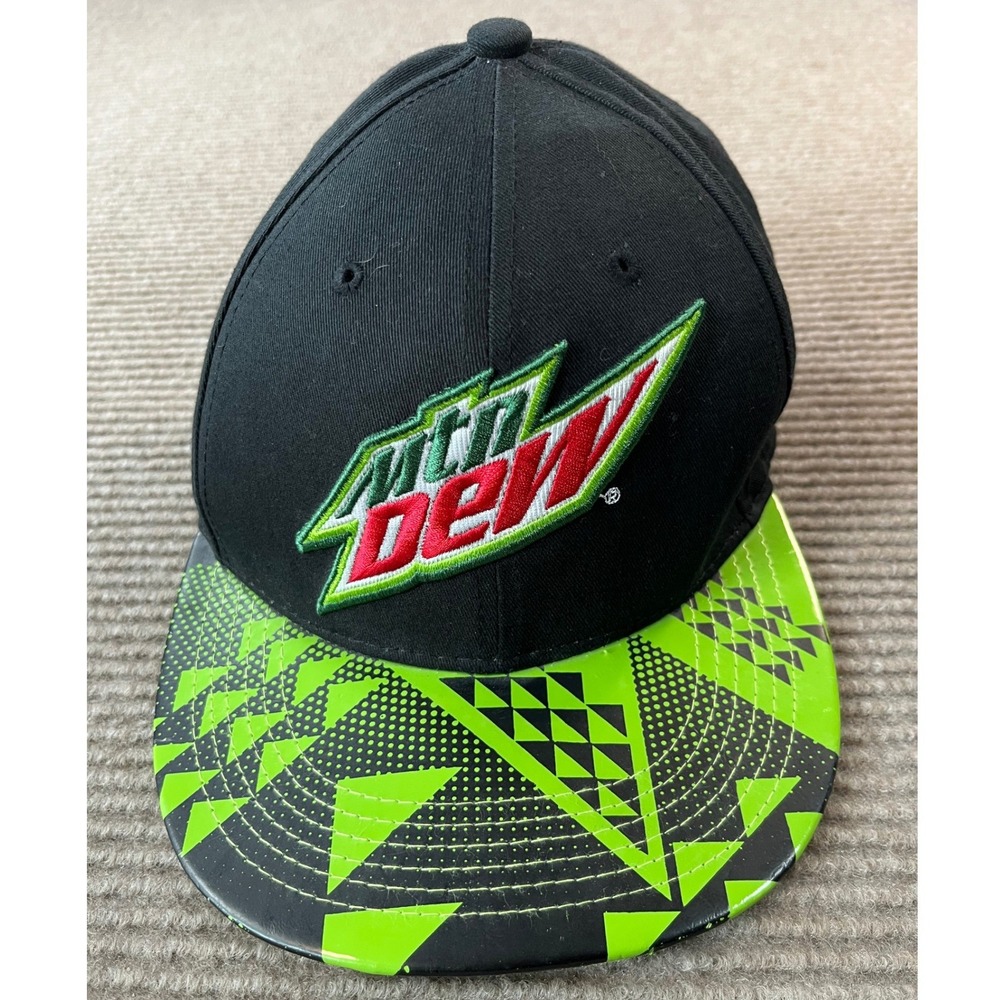 Mountain Dew Snapback Hat Black Neon Green Geometric Flat Brim Logo Cap